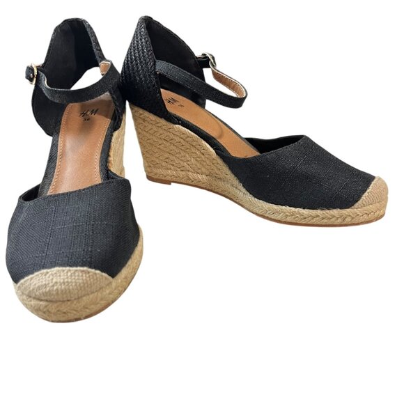 H&M heels women's 5.5 black platform wedge espadrilles ankle strap round toe - Picture 5 of 11
